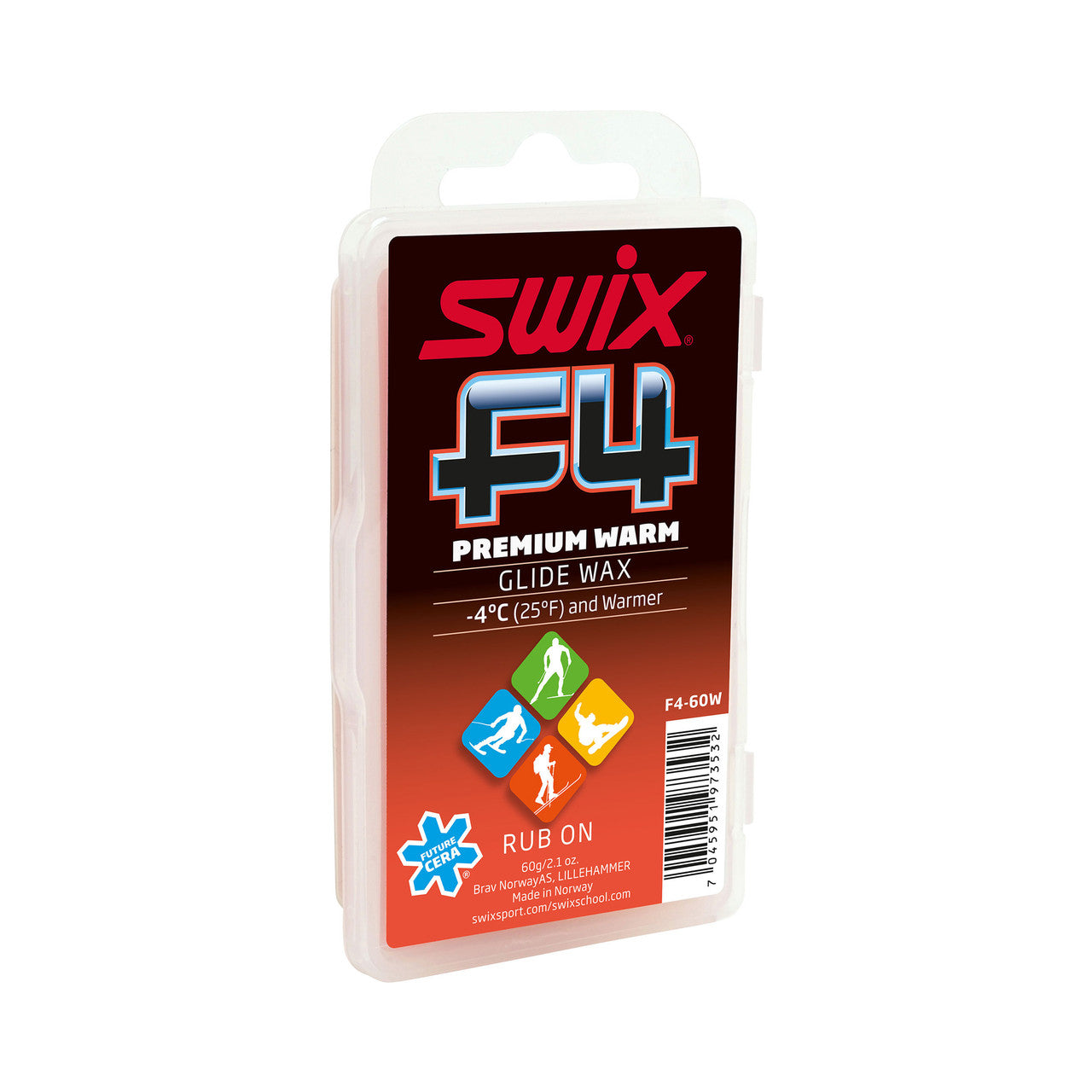 Swix F4 Warm Premium Glide Ski Wax with Rub On Cork Applicator on Back - (F4-60W)