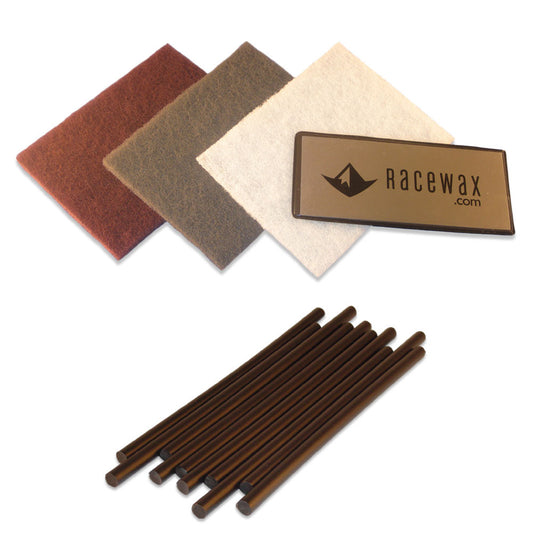 RaceWax Ptex Ski Base Repair Kit: 10 black p-tex, metal scraper, 3 3M buffing pads - (RD-1107)