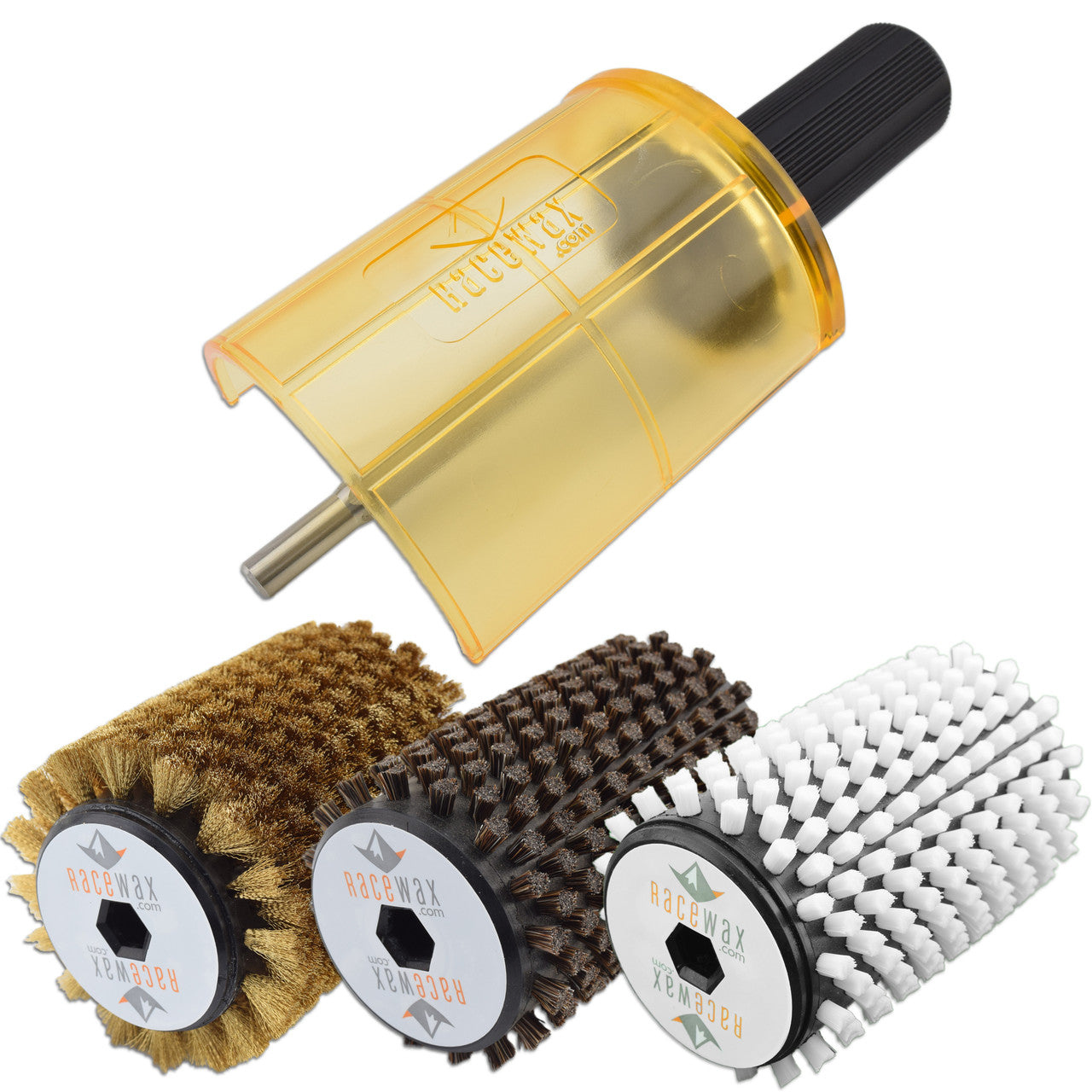 RaceWax 100mm Roto Brush Ski Wax Kit SnapOut Quick-Change Axle  3 Brushes (Brass, Horse Hair and Nylon) For Waxing - (ZL-6116)