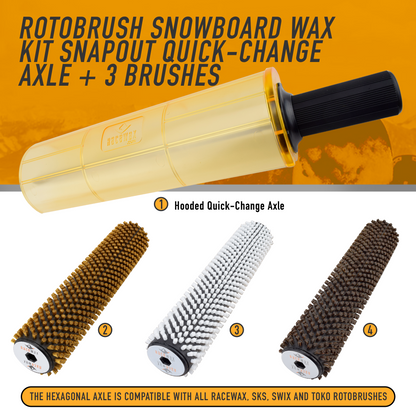 RaceWax 300mm Roto Brush Kit for Snowboard Tuning and Waxing with Brass, Nylon, Horsehair Brush and Axle-Shield