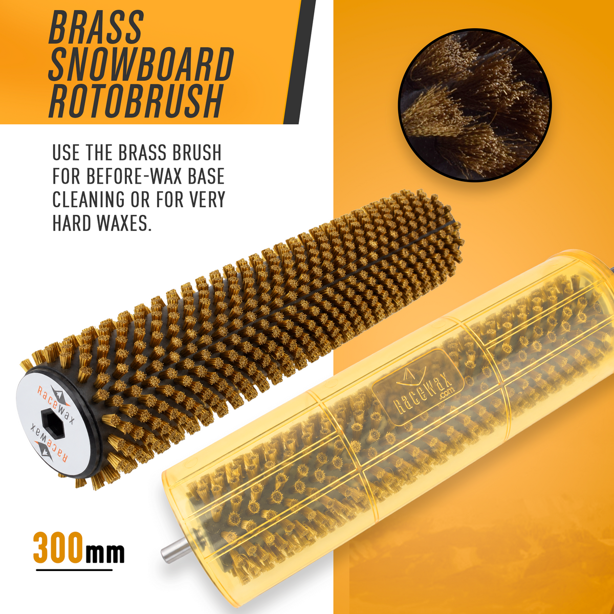 RaceWax 300mm Roto Brush Kit for Snowboard Tuning and Waxing with Brass, Nylon, Horsehair Brush and Axle-Shield
