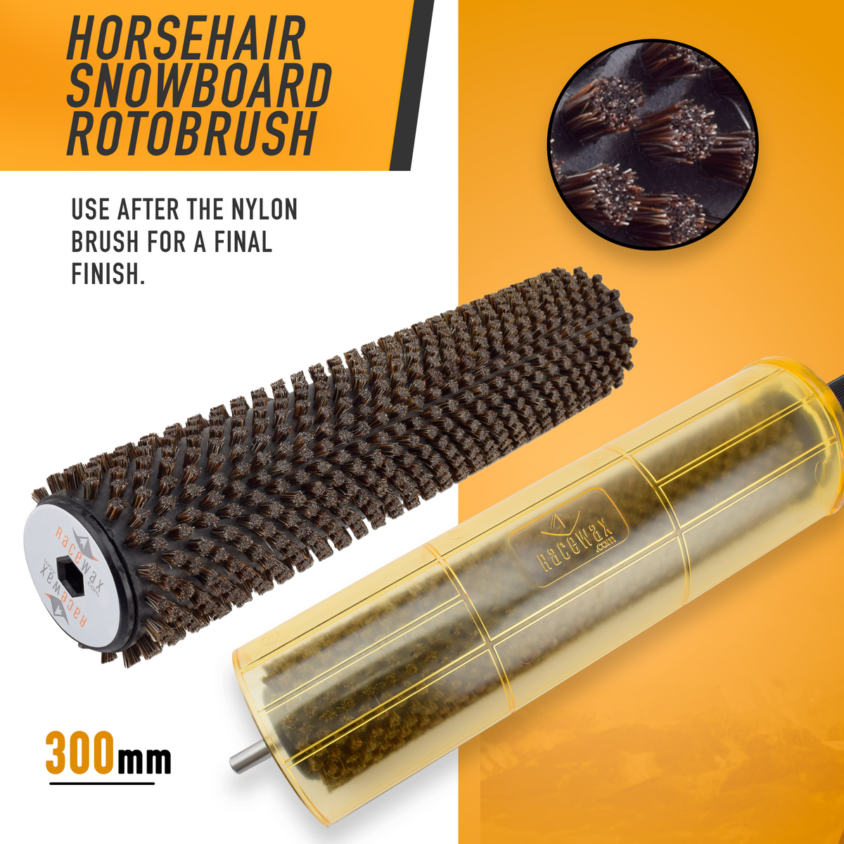 RaceWax 300mm Roto Brush Kit for Snowboard Tuning and Waxing with Brass, Nylon, Horsehair Brush and Axle-Shield
