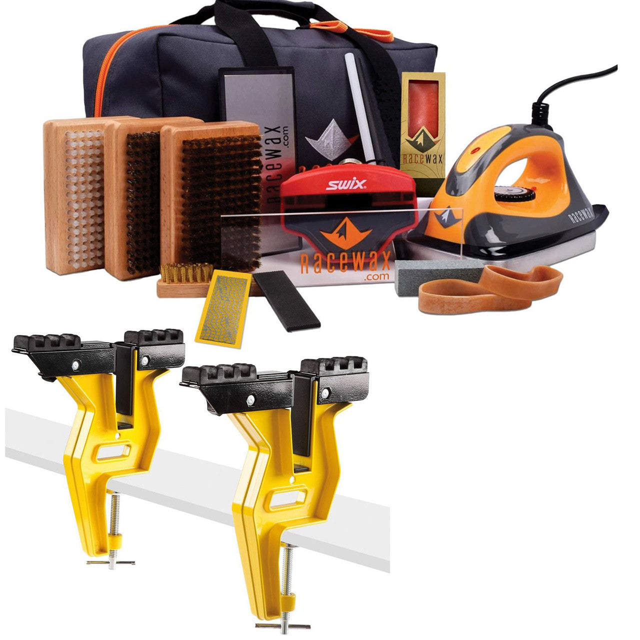 RaceWax Elite Ski Snowboard Wax Tuning Kit Plus Universal Board Grip Vise