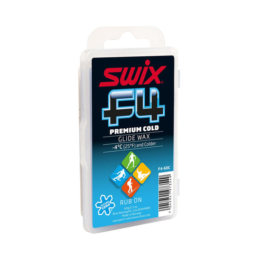 Swix F4 Cold Premium Glide Ski Wax with Rub On Cork Applicator on Back - (F4-23-60)