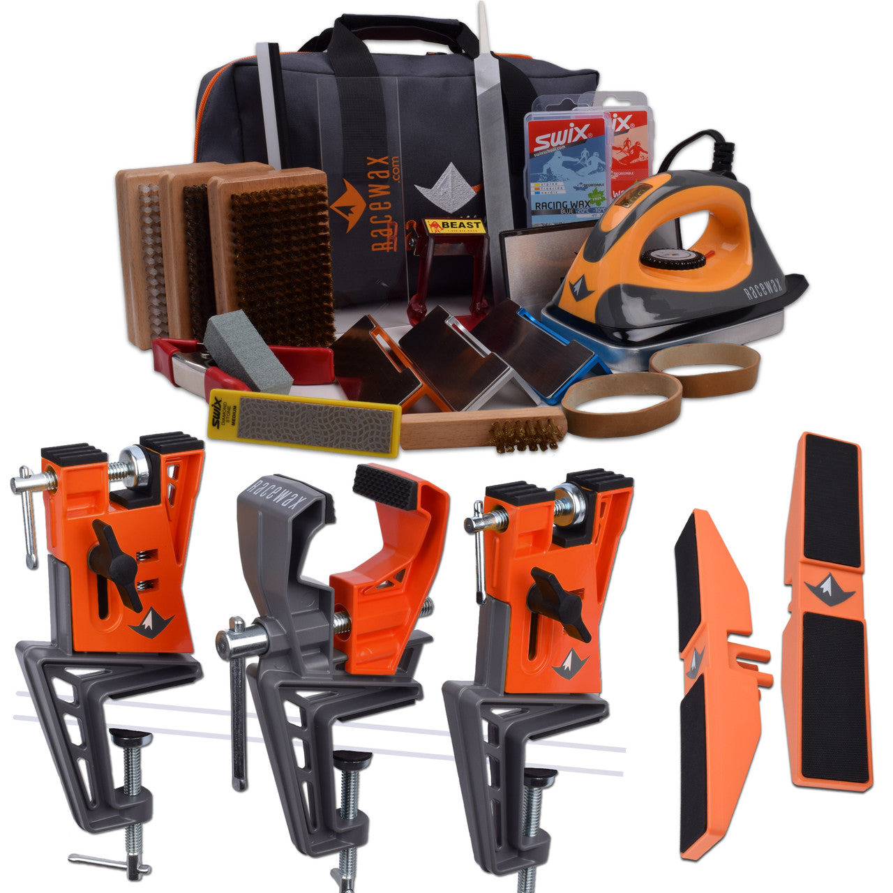 RaceWax Pro Tune Ski Wax Tuning Kit + Metal World Cup Ski Vise + Snowb